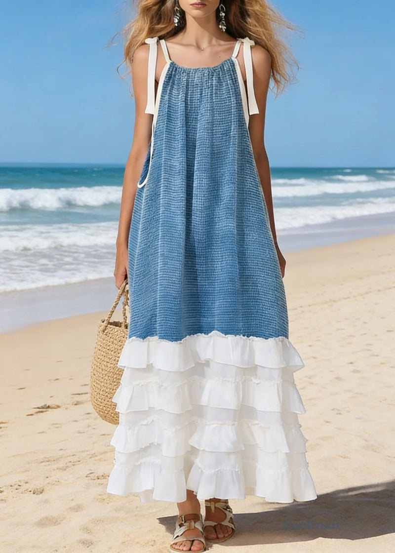Blue Lace Up Ruffled Patchwork Cotton Spaghetti Strap Dress Sleeveless