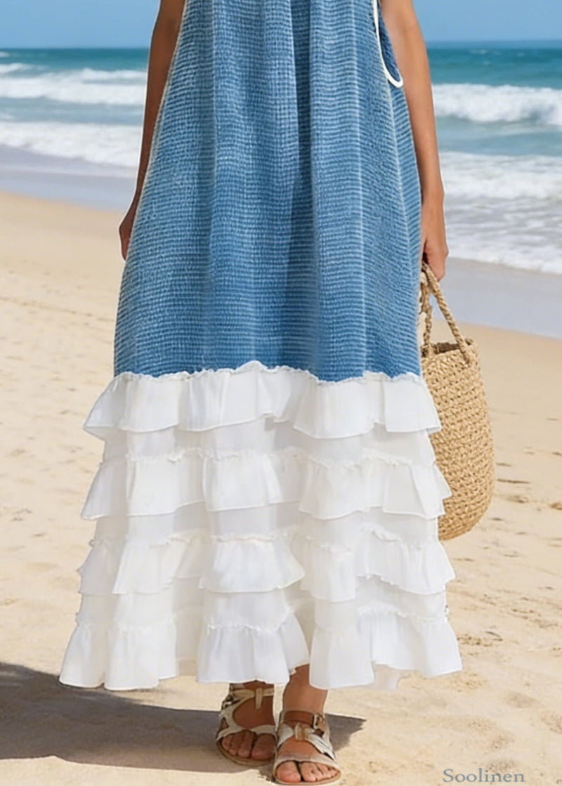Blue Lace Up Ruffled Patchwork Cotton Spaghetti Strap Dress Sleeveless