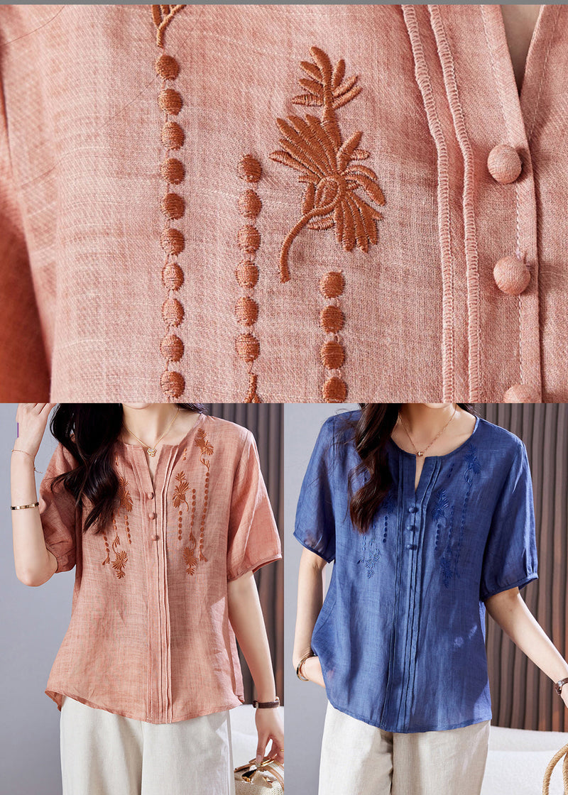 Blue Linen Top Embroidered Wrinkled Summer
