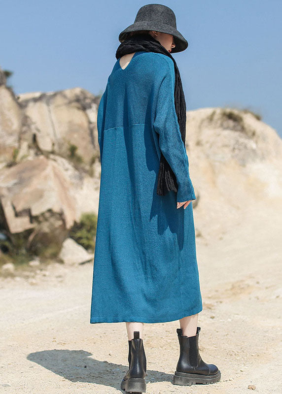 Blue Loose Knit Long Dress V Neck Spring