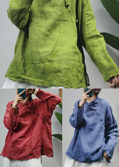 Blue Loose Linen Shirt Top Button Long Sleeve