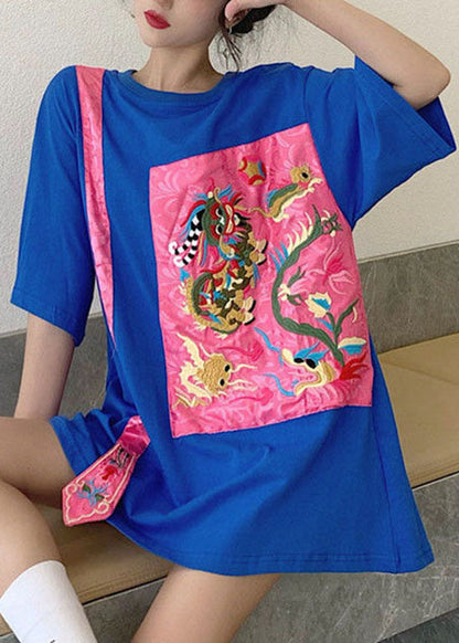 Blue Loose Top O-neck Asymmetrical Half Sleeve
