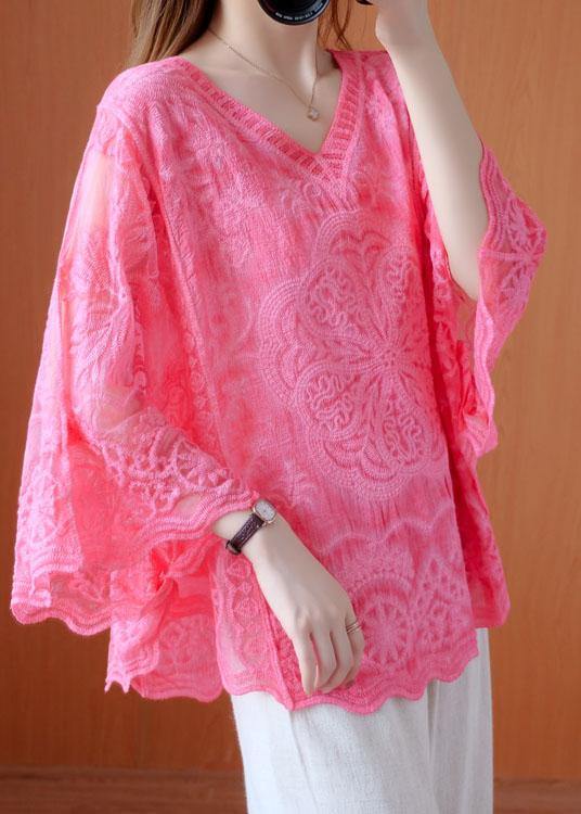 Blue Loose V Neck Summer Bat wing Sleeve Shirts