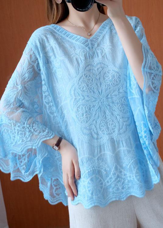Blue Loose V Neck Summer Bat wing Sleeve Shirts