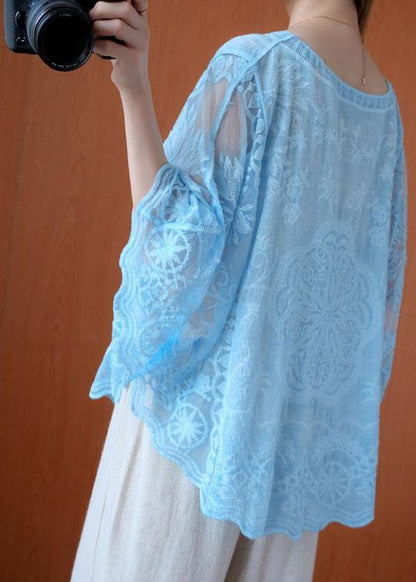 Blue Loose V Neck Summer Bat wing Sleeve Shirts