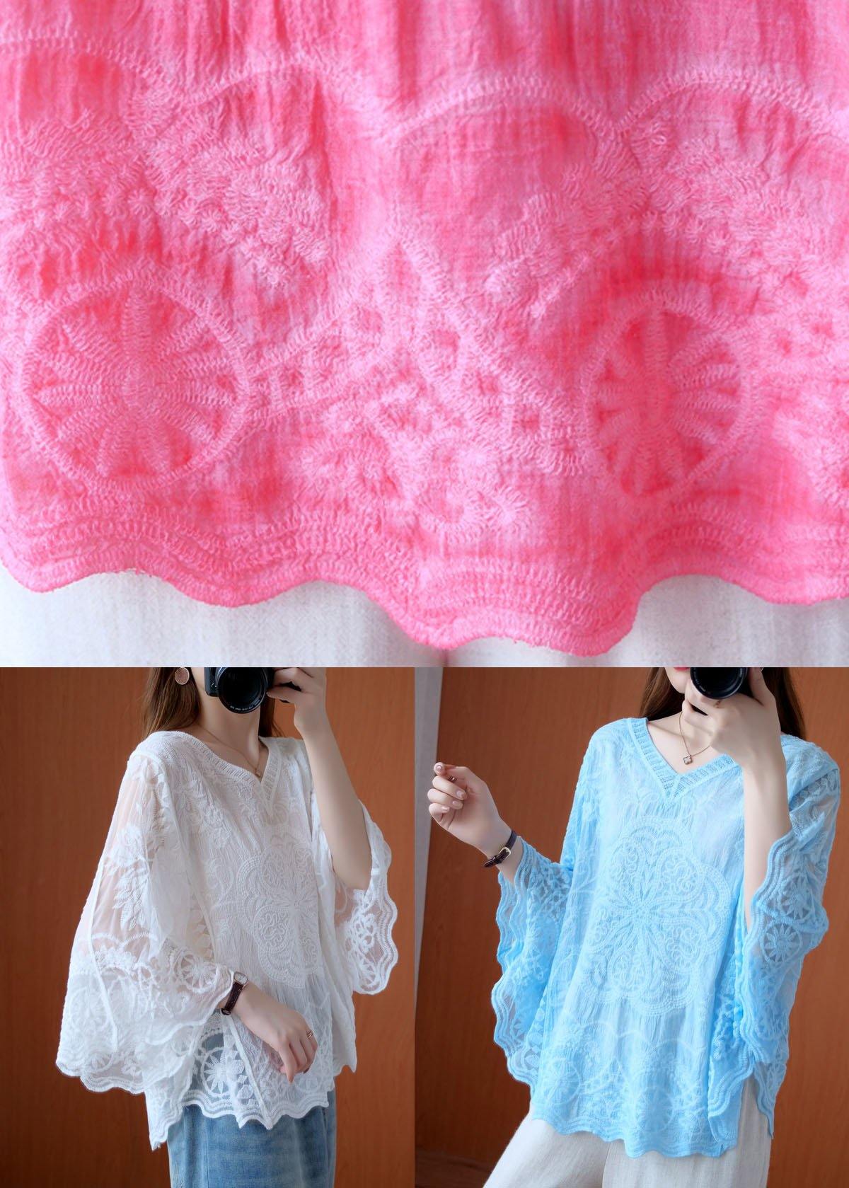 Blue Loose V Neck Summer Bat wing Sleeve Shirts