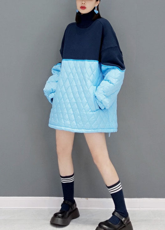 Blue Loose Knit Patchwork Fine Cotton Filled Dresses Spring