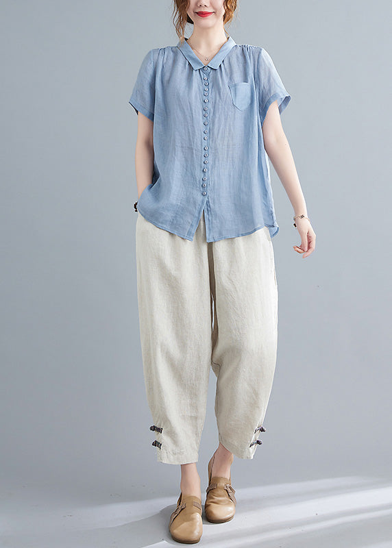 Blue Low High Design Top and Harem Pants Two Pieces Set Short Sleeve