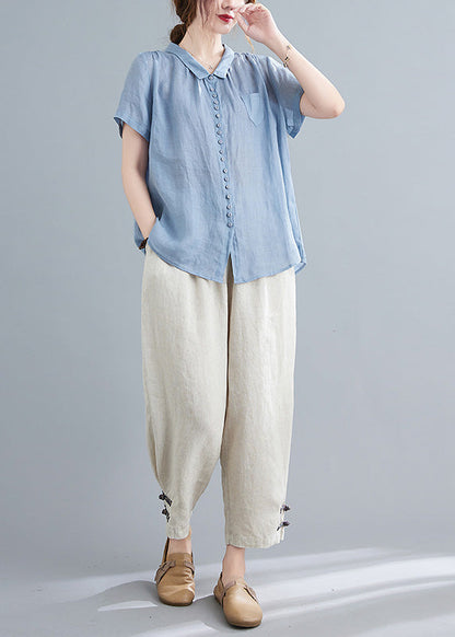 Blue Low High Design Top and Harem Pants Two Pieces Set Short Sleeve