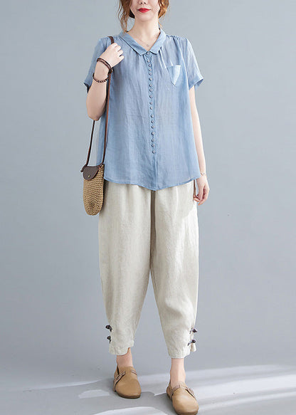 Blue Low High Design Top and Harem Pants Two Pieces Set Short Sleeve