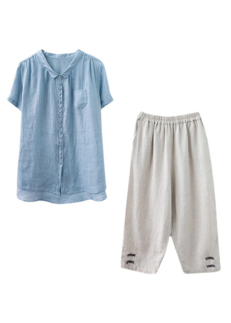 Blue Low High Design Top and Harem Pants Two Pieces Set Short Sleeve