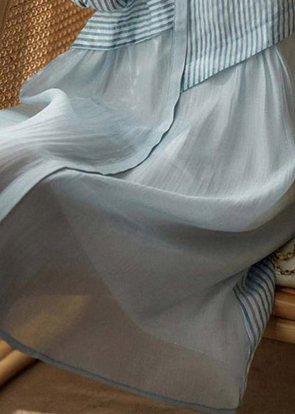 Blue O-neck Button Tulle Holiday Dress Long Sleeve
