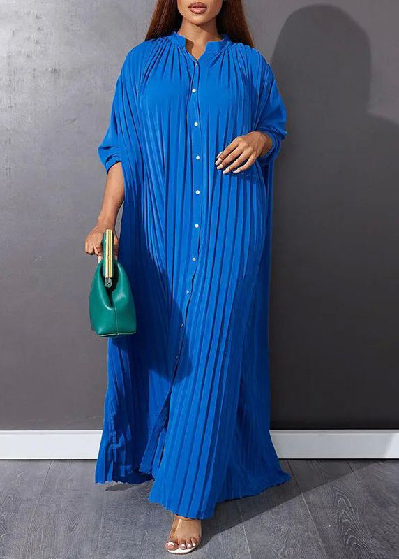 Blue O-neck Button Vacation Maxi Dresses Long Sleeve