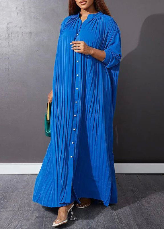Blue O-neck Button Vacation Maxi Dresses Long Sleeve
