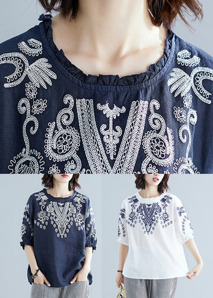 Blue O-neck Cotton Top Short Sleeve
