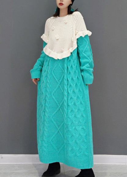 Blue O-neck Patchwork Cozy Knit Sweater Dress Winter