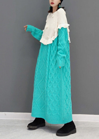 Blue O-neck Patchwork Cozy Knit Sweater Dress Winter