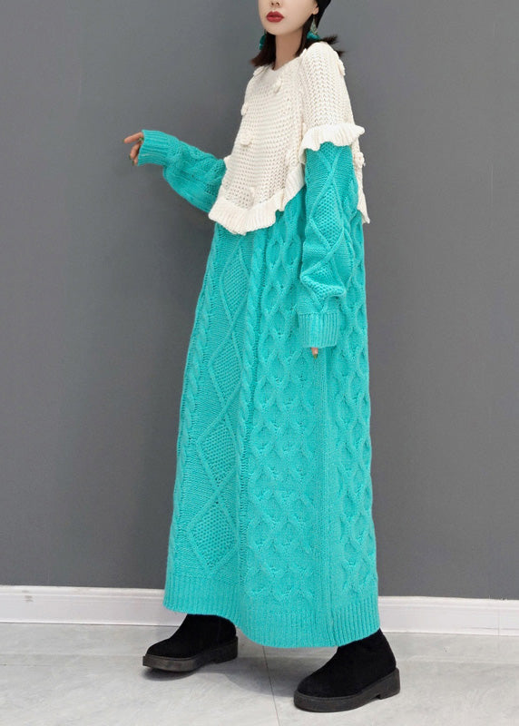 Blue O-neck Patchwork Cozy Knit Sweater Dress Winter