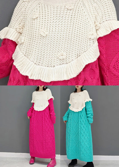 Blue O-neck Patchwork Cozy Knit Sweater Dress Winter