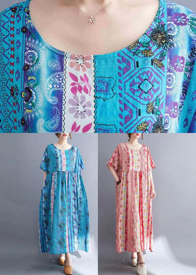 Blue O-neck Patchwork Maxi Dresses Summer