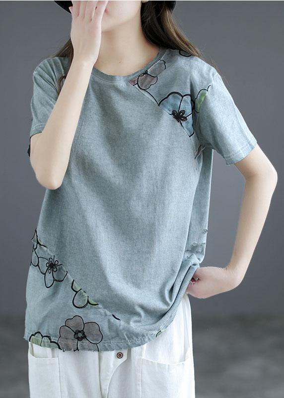 Blue O-neck Patchwork Print Summer Cotton Tees Short Sleeve