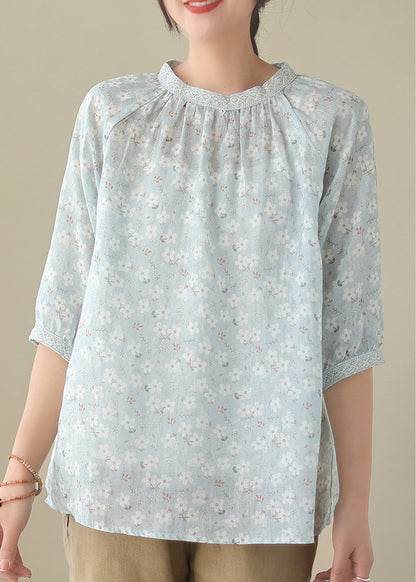 Blue O-neck Patchwork Ramie Shirts Half Sleeve