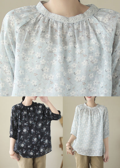 Blue O-neck Patchwork Ramie Shirts Half Sleeve