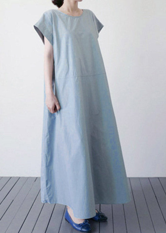 Blue O-neck Patchwork Maxi Dress Short Sleeve