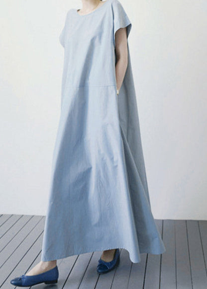 Blue O-neck Patchwork Maxi Dress Short Sleeve