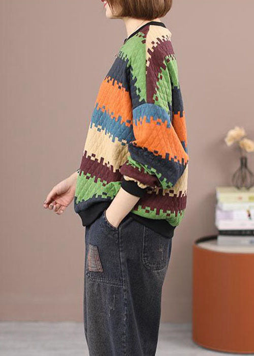 Blue O-neck Patchwork Striped Sweatshirt Winter