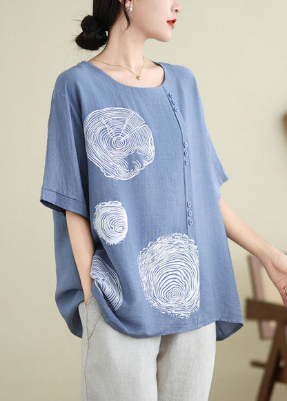 Blue O-neck Print Ice Silk T Shirt Summer