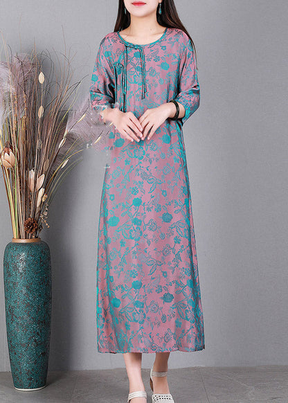 Blue O-neck Print Side Open Silk Dress Half Sleeve