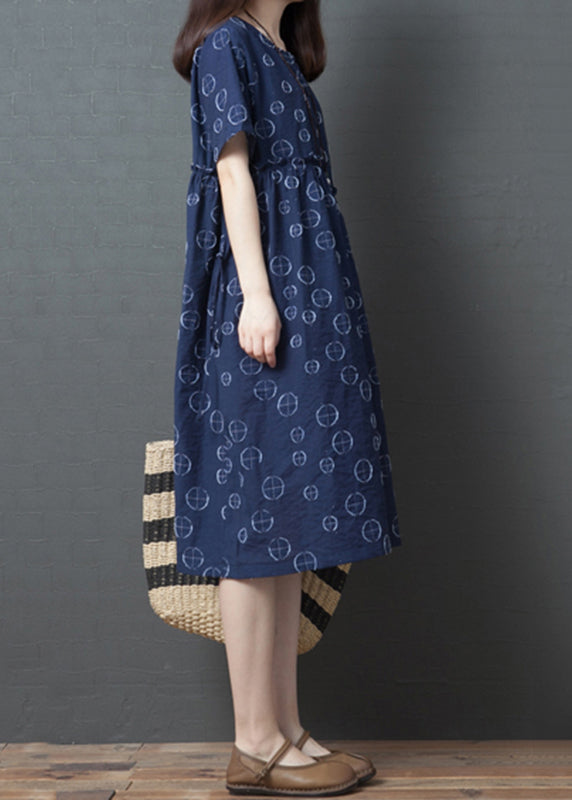 Blue O-neck Ruffled Patchwork Long Dresses Summer