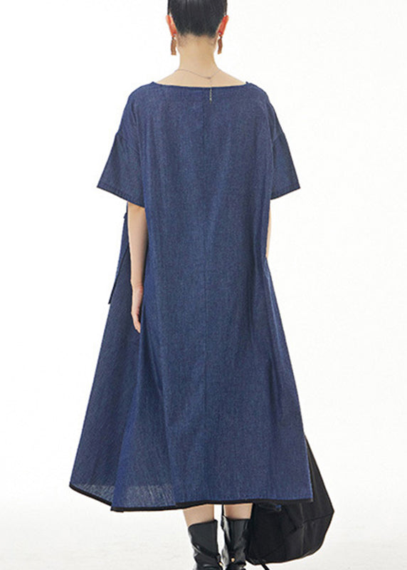 Blue O-neck Cotton Maxi Dress Short Sleeve