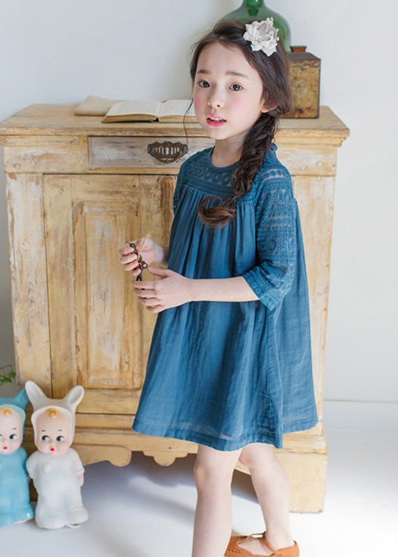 Blue O-neck Wrinkled Cotton Mid Dresses Half Sleeve