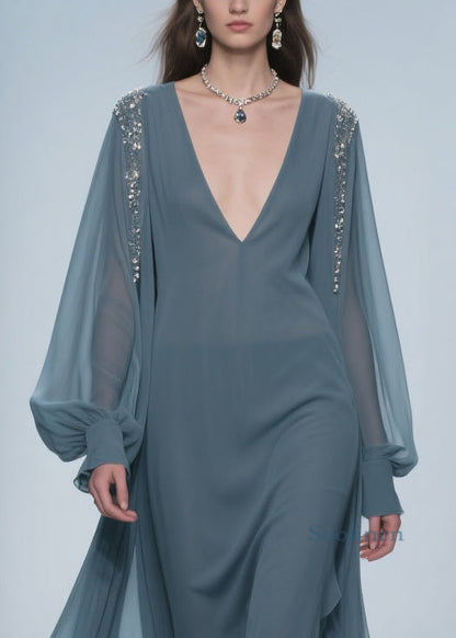 Blue Original Design Chiffon Dress V Neck Lantern Sleeve