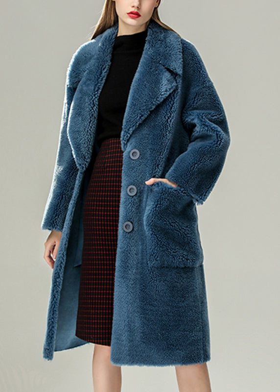 Blue Patchwork Button Faux Fur Maxi Coats Winter