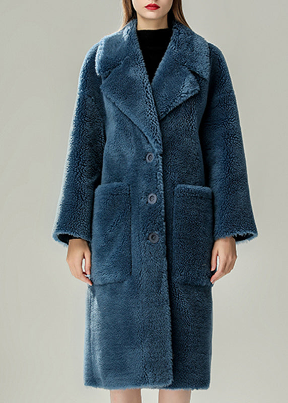 Blue Patchwork Button Faux Fur Maxi Coats Winter
