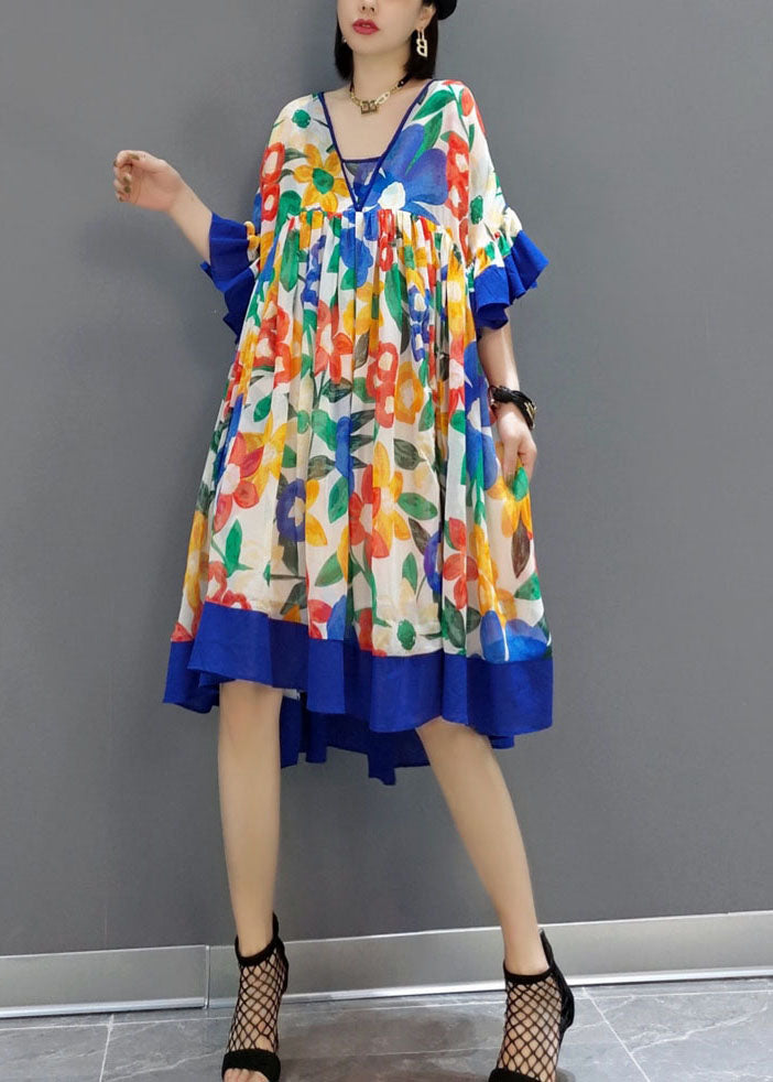 Blue Patchwork Chiffon a Line Dress V Neck Flare Sleeve