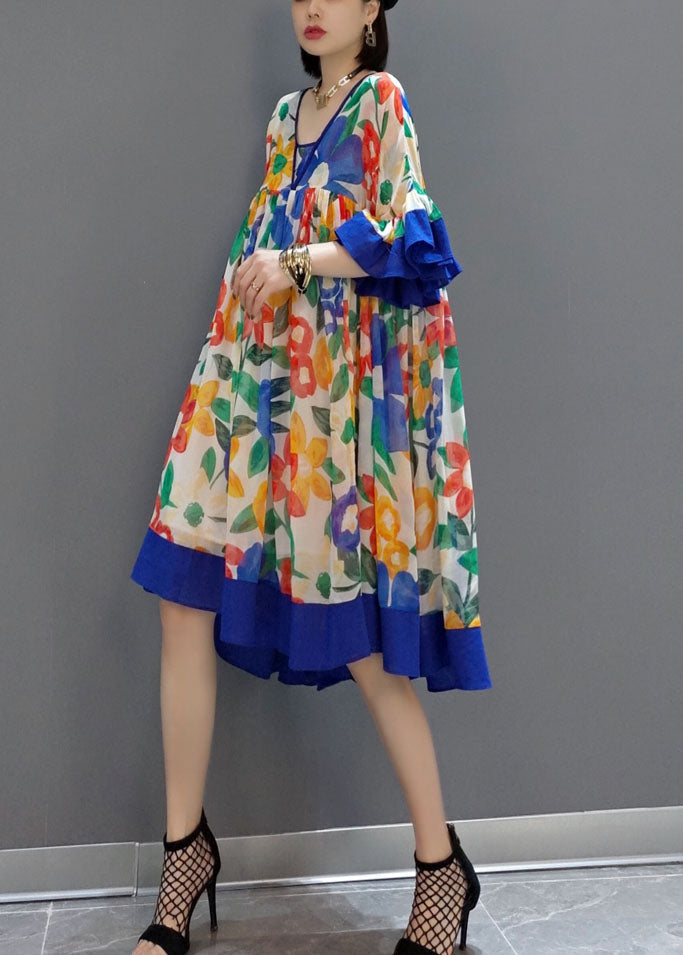 Blue Patchwork Chiffon a Line Dress V Neck Flare Sleeve