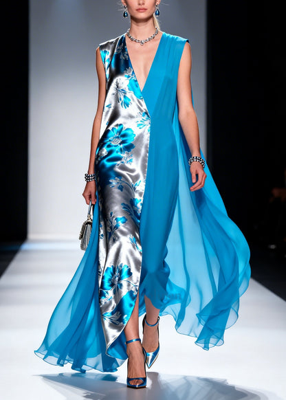 Blue Patchwork Chiffon Vacation Dresses Asymmetrical Design Sleeveless