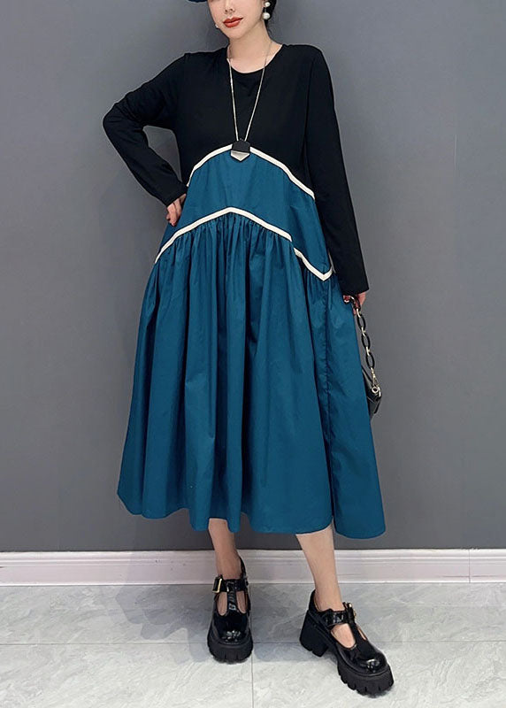 Blue Patchwork Cotton a Line Dresses Wrinkled Exra Large Hem Spring