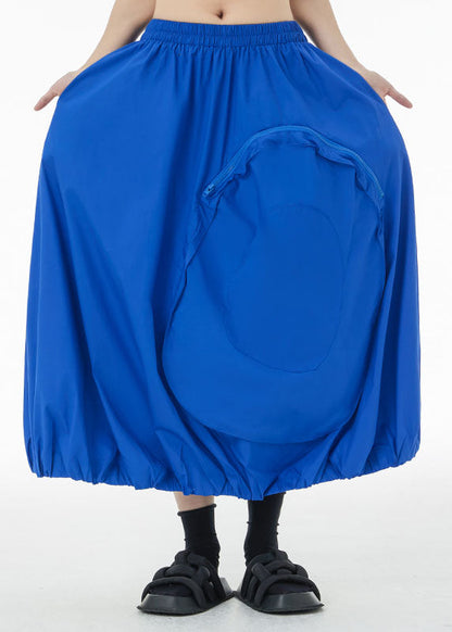 Blue Patchwork Cotton a Line Skirts Zip Up Pockets Summer