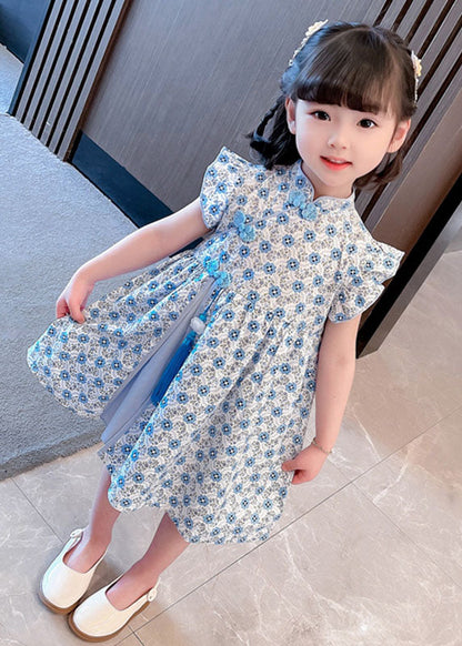 Blue Patchwork Cotton Kids Dresses Tasseled Stand Collar Summer