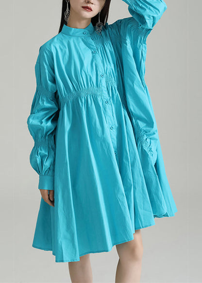 Blue Patchwork Cotton Shirts Dresses Stand Collar Wrinkled Fall