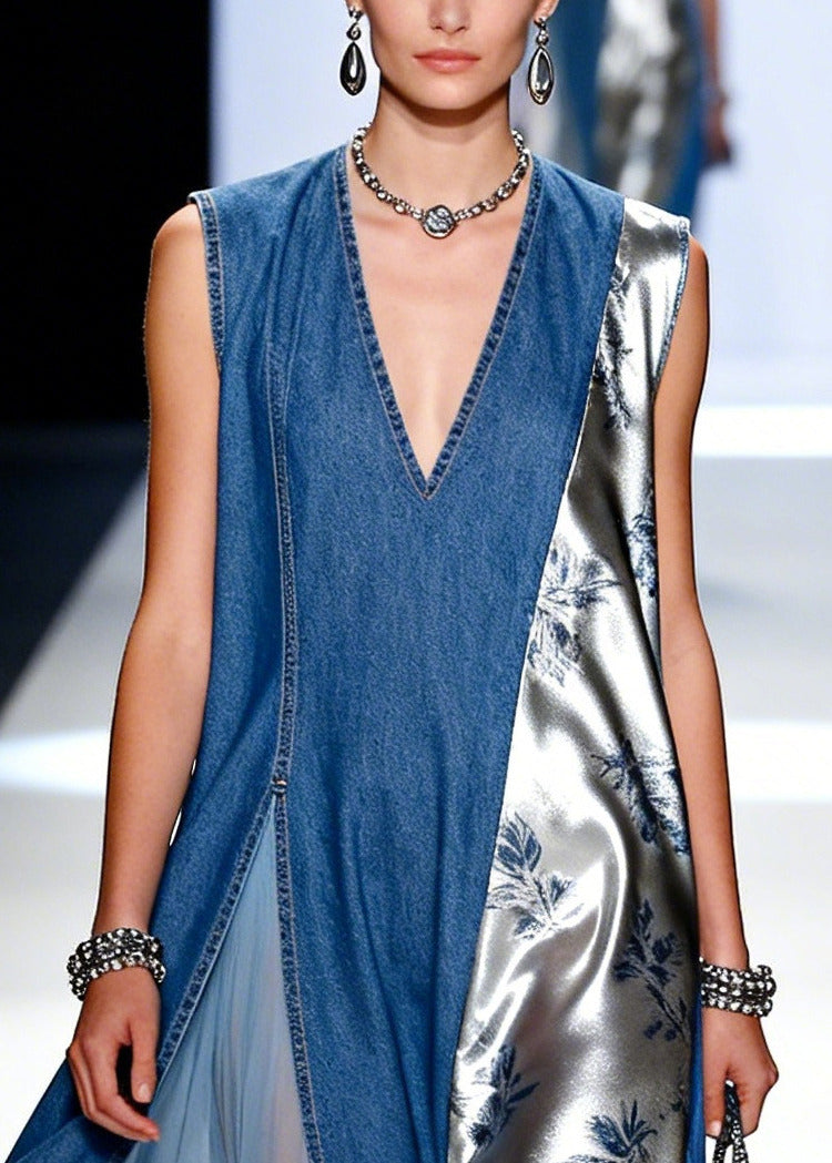 Blue Patchwork Denim Holiday Dress Asymmetrical Design Sleeveless