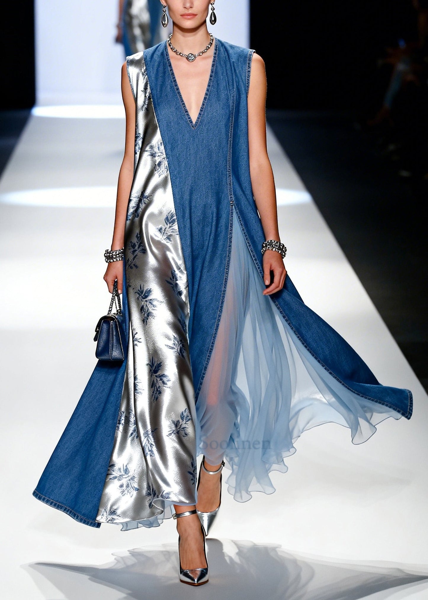 Blue Patchwork Denim Holiday Dress Asymmetrical Design Sleeveless