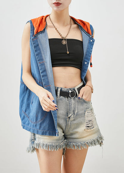 Blue Patchwork Denim Vests Hooded Oversized Fall