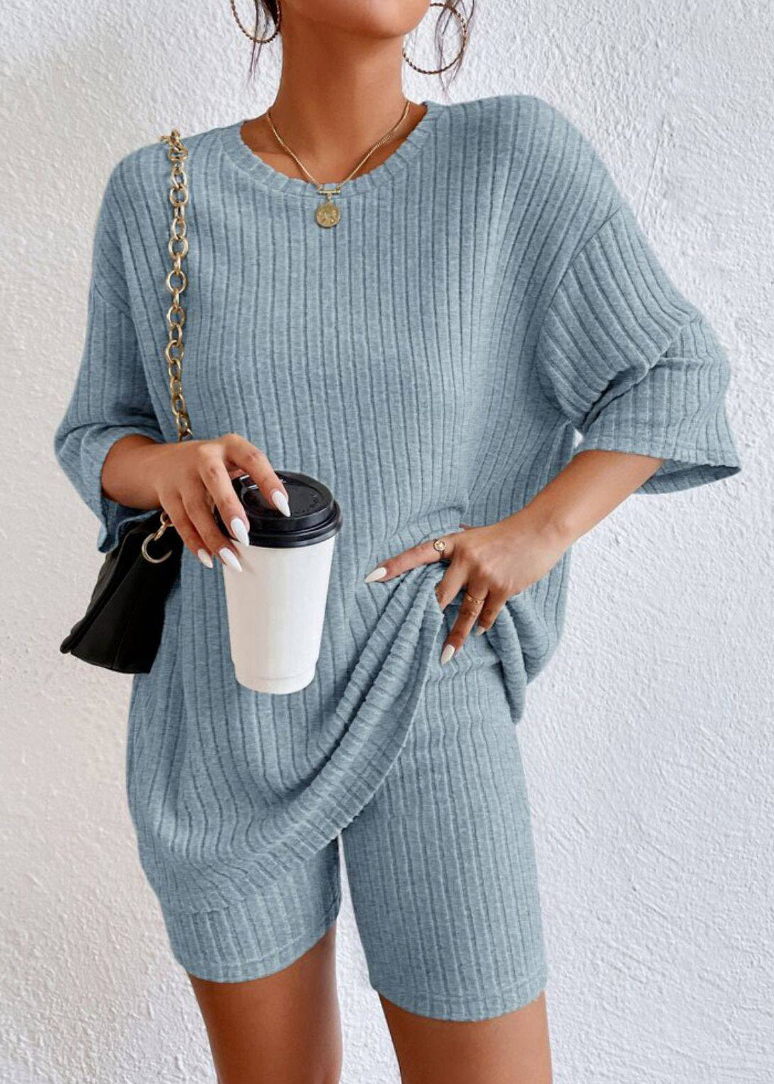Blue Patchwork Top and Shorts Two Pieces Set Half Sleeve