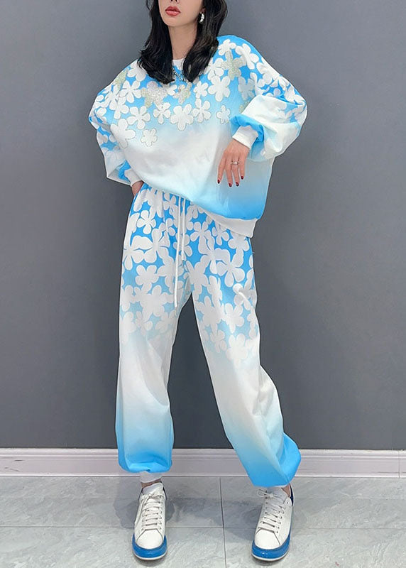 Blue Patchwork Tops and Pants Cotton Two Pieces Set O Neck Long Sleeve